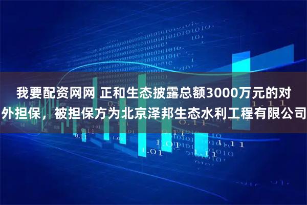 我要配资网网 正和生态披露总额3000万元的对外担保，被担保方为北京泽邦生态水利工程有限公司